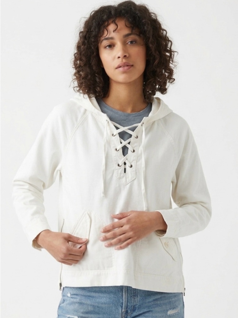 Guideboat Co. White Cotton Lace-Up Hooded Jacket – Coastal – Small